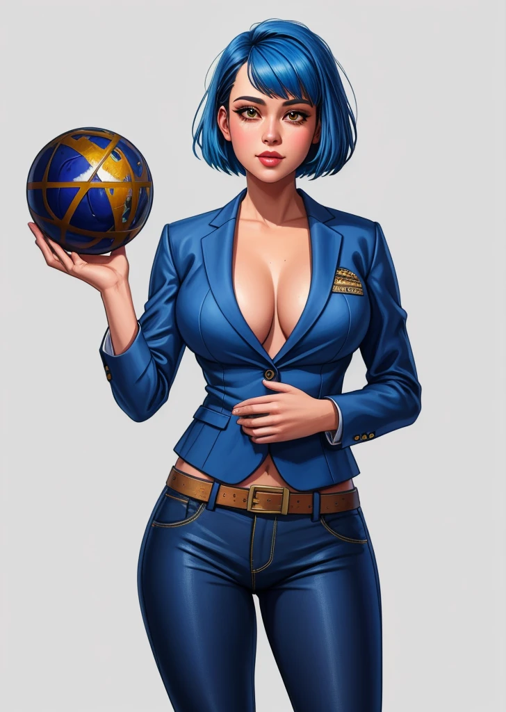 Cropped Blazer,
Blue hair,
Layered haircut,
Flared pants,
rubenesque, pinup,
cowboy shot, standing , in a retro-futuristic setting, atompunk style, golden orb,
white background, blank background,, (Extremely Detailed Oil Painting:1.2), glow effects, godrays, Hand drawn, render, 8k, octane render, cinema 4d, blender, dark, atmospheric 4k ultra detailed, cinematic sensual, Sharp focus, humorous illustration, big depth of field, Masterpiece, colors, 3d octane render, 4k, concept art, trending on artstation, hyperrealistic, Vivid colors, extremely detailed CG unity 8k wallpaper, trending on ArtStation, trending on CGSociety, Intricate, High Detail, dramatic, absurdes