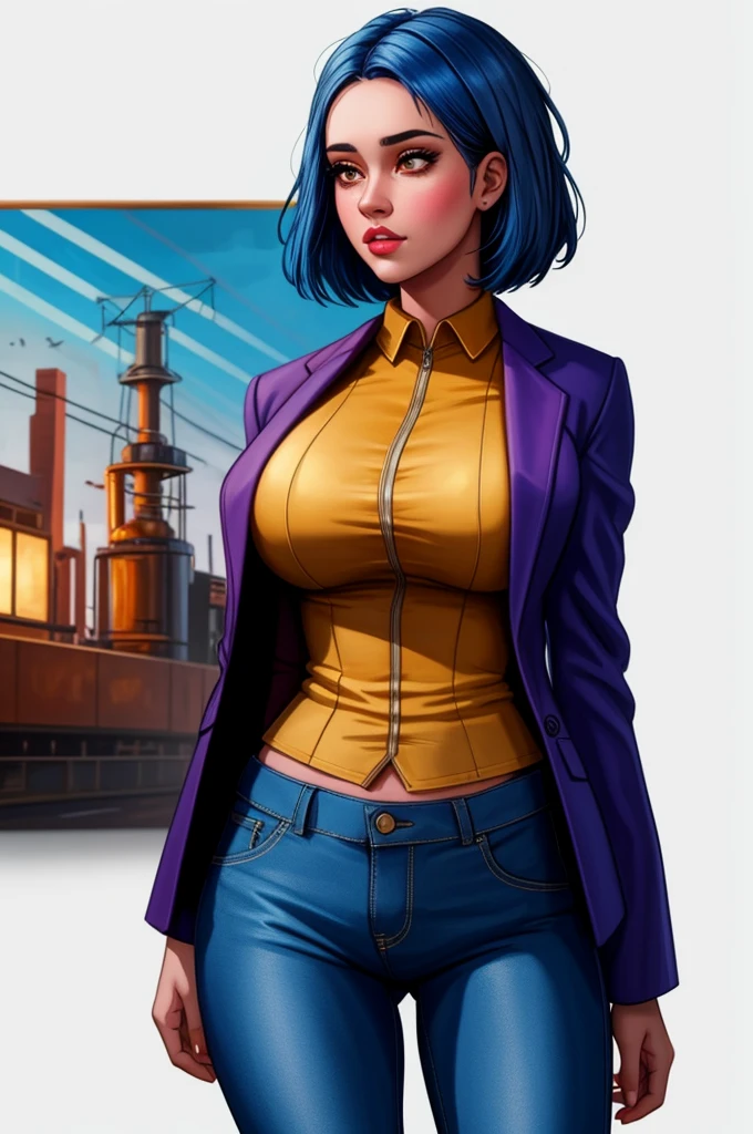 1 girl, solo, shadmanv1, Ramona_Flowers, 1girl, short hair,black eyes, huge breasts, bare chest,
goggles on head, unzipped grey jacket, nothing underneath, shoulder bag, star(symbol), belt, denim skirt, purple pantyhose,
black choker, denim skirt, purple pantyhose,
bootassive breasts, gigantic breasts, humugus breasts, cleavage:1.2), (art by shadman, shadbase:1.3)