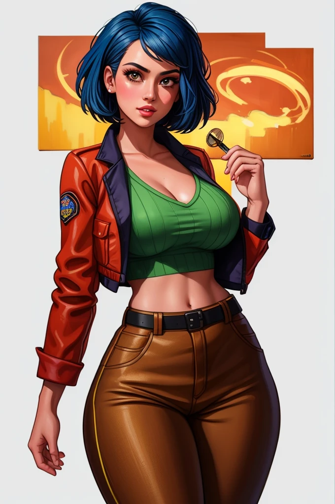 pretty woman, (1girl:1.3),
Cropped Blazer,
Blue hair,
Layered haircut,
Flared pants,
rubenesque, pinup,
cowboy shot, standing , in a retro-futuristic setting, atompunk style,
white background, blank background,, (Extremely Detailed Oil Painting:1.2), glow effects, godrays, Hand drawn, render, 8k, octane render, cinema 4d, blender, dark, atmospheric 4k ultra detailed, cinematic sensual, Sharp focus, humorous illustration, big depth of field, Masterpiece, colors, 3d octane render, 4k, concept art, trending on artstation, hyperrealistic, Vivid colors, extremely detailed CG unity 8k wallpaper, trending on ArtStation, trending on CGSociety, Intricate, High Detail, dramatic, absurdes