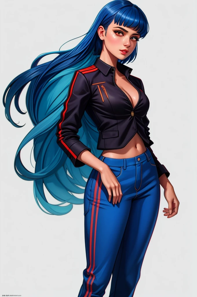 pretty woman, (1girl:1.3),
Cropped Blazer,
Blue hair,
Layered haircut,
Flared pants,
rubenesque, pinup,
cowboy shot, standing , in a retro-futuristic setting, atompunk style,
white background, blank background,, (Extremely Detailed Oil Painting:1.2), glow effects, godrays, Hand drawn, render, 8k, octane render, cinema 4d, blender, dark, atmospheric 4k ultra detailed, cinematic sensual, Sharp focus, humorous illustration, big depth of field, Masterpiece, colors, 3d octane render, 4k, concept art, trending on artstation, hyperrealistic, Vivid colors, extremely detailed CG unity 8k wallpaper, trending on ArtStation, trending on CGSociety, Intricate, High Detail, dramatic, absurdes