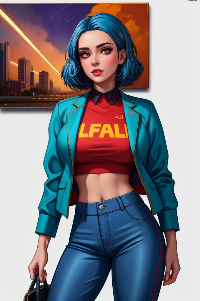 pretty woman, (1girl:1.3),

Cropped Blazer,
Blue hair,
Layered haircut,
Flared pants,
rubenesque, pinup,
cowboy shot, standing , in a retro-futuristic setting, atompunk style,

white background, blank background,, (Extremely Detailed Oil Painting:1.2), glow effects, godrays, Hand drawn, render, 8k, octane render, cinema 4d, blender, dark, atmospheric 4k ultra detailed, cinematic sensual, Sharp focus, humorous illustration, big depth of field, Masterpiece, colors, 3d octane render, 4k, concept art, trending on artstation, hyperrealistic, Vivid colors, extremely detailed CG unity 8k wallpaper, trending on ArtStation, trending on CGSociety, Intricate, High Detail, dramatic, absurdes