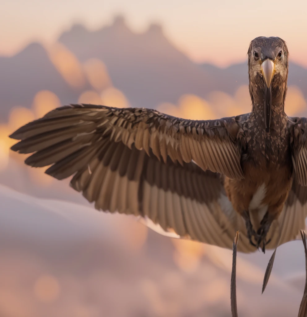 Half of brown bird, open wings, winged wings, frontal profile, frontal front view