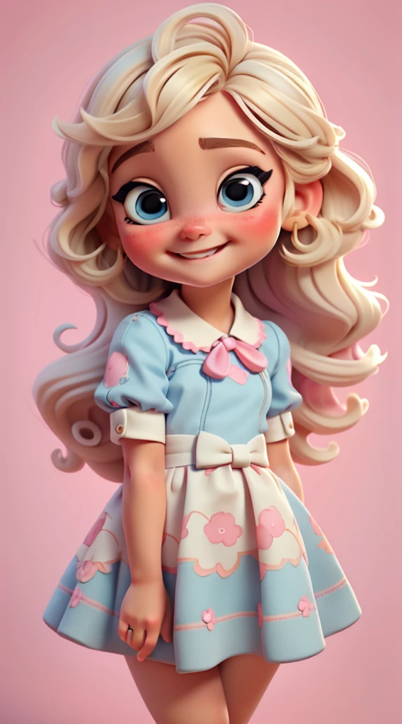 Baby girl cute chibi style, , , Tema estilosa, Linda, expressiva, Feliz, Sorriso lindo, bonito cabelos lisos, modelo profissional, bow in hair, Poses fofas, blonde, blue eyes, vivid color, blonde hair, pink dress, pink dress, white background
