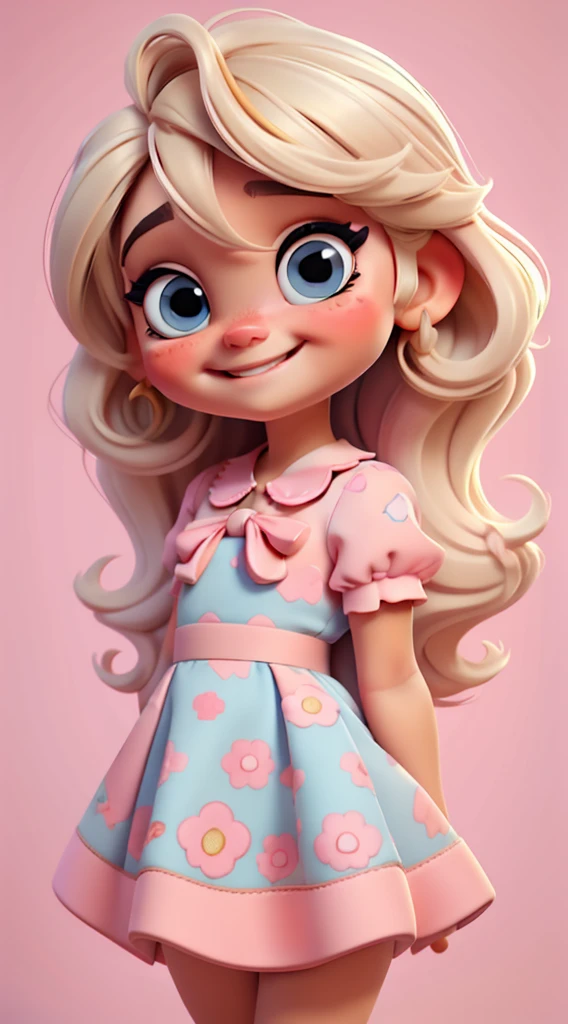 Baby girl cute chibi style, , , Tema estilosa, Linda, expressiva, Feliz, Sorriso lindo, bonito cabelos lisos, modelo profissional, bow in hair, Poses fofas, blonde, blue eyes, vivid color, blonde hair, pink dress, pink dress, white background