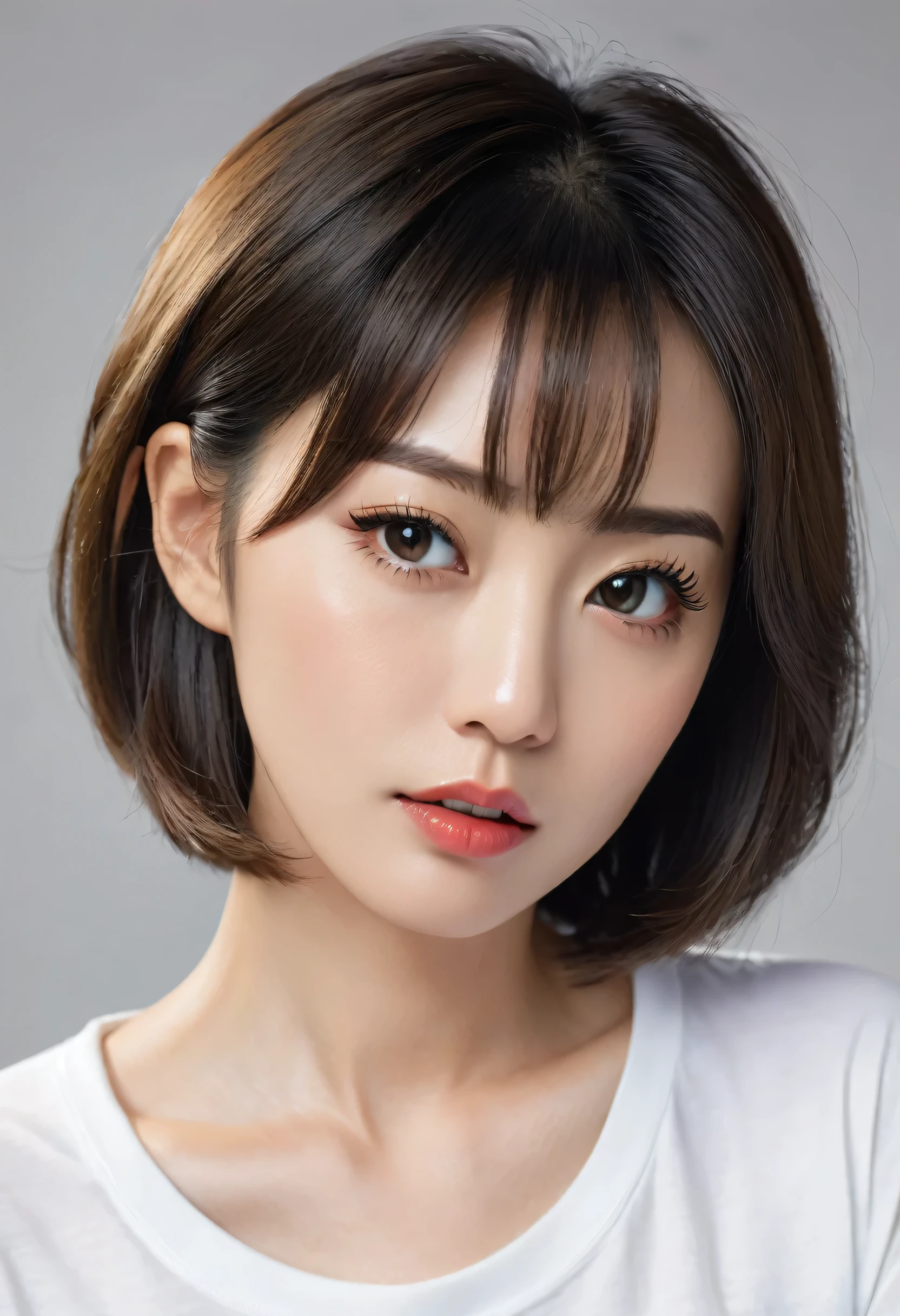 ((Highest quality, 8K, masterpiece, Portraiture: 1.3)), (Looking at the audience, Looking down),Realistic, Sharp focus, White T-shirt、Beautiful Japanese Woman, Cowboy Shot、 25-year-old housewife、, One-length short bob cut, ((Beautifully detailed skin)), ((double eyelid, eyelash, Lip gloss)), I&#39;ll be waiting at the entrance、Detailed face、Detailed eyes、Symmetrical eyes、