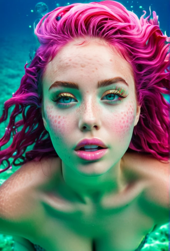 Portrait of an extravagant and colorful woman who resembles a mermaid. perfectbody, curvaturas sexy . clean skin, with pink freckles and pink mouth young resources, wide open eyes and cheeks. vibrant view, Gravity-defying hair in shades of pink and turquoise . Your hair blends in among the corals and marine animals, creating an underwater illusion. Small bubbles floating around the head add to the underwater theme. General Effect: Sensual otherworldly underwater creature in silent contemplation.