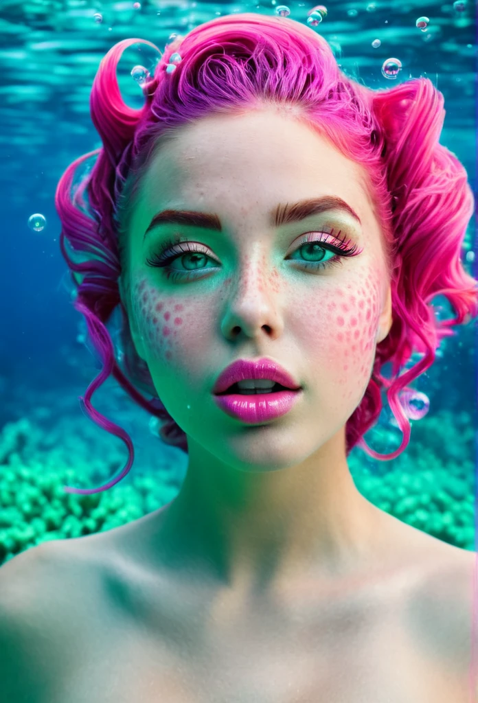 professional underwater photo, full-body portrait of beautiful sicilian woman, mermaid, (upperbody human, ), crawling, talking underwater, (in a fish bowl)++, (many bubbles around), (hyper realistic skin), eye makeup with excessive beautiful pretty makeup, (freckles)++, almost happy, Fuchsia hair, (full of glowing fishes)+, (translucence seashells bikini)+, long reptile skin tail, voluminous beautiful eyes, (winks)+, horny, satisfied, in the darkness night, (moon light)+, (many colourful jellyfish glows)+, best quality masterpiece, photorealistic, detailed, 8k, HDR, shallow depth of field, broad light, high contrast, backlighting, bloom, light sparkles, chromatic aberration, sharp focus, RAW color photo