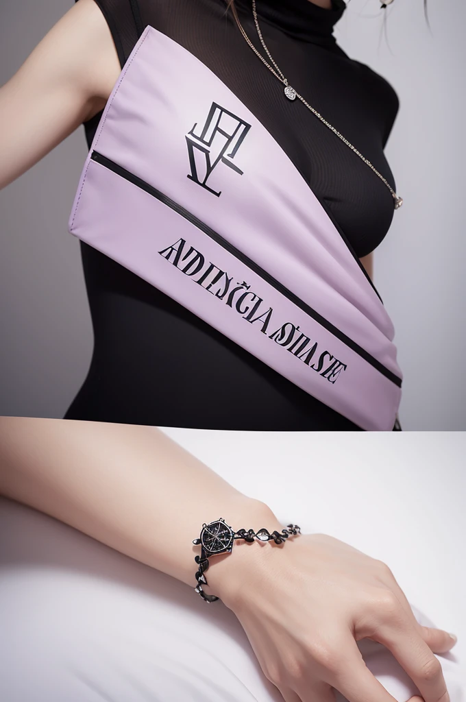 Create an elegant logo for a semi-jewelry brand called "Andressline". The design should have the stylized letter "A" right in the center, using an elegant font. Around the "A", it should say "andressline semijoias" with sophisticated typography. Add two delicate sprigs on either side of the "A" for a refined touch. Use the colors purple, pink, gray, black and white to compose the logo. The result must be clean and sophisticated, conveying elegance and exclusivity.