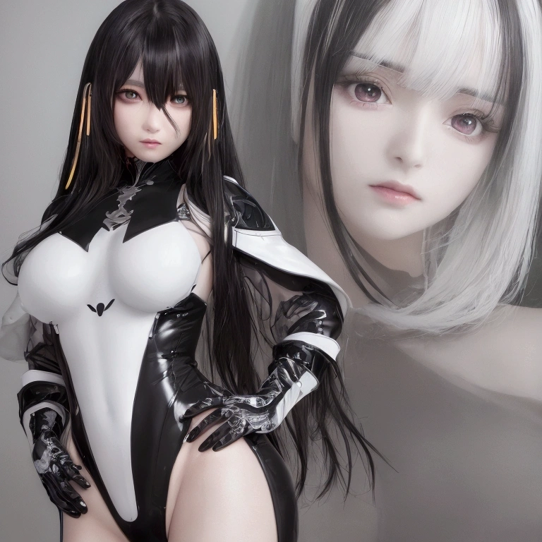 上質なbeautiful瞳, beautiful face,Futuristic Background、 High quality face, (((White and black two-tone hair)))、Dark Sky, thin, Wet waist, Slim body, Model Appearance, confusion, Sexual hobbies, かわいいbeautifulアニメの女性, Detailed digital anime art, beautiful anime girl, beautiful anime girl, Anime with attention to detail, Highest quality, masterpiece, Super detailed, beautiful, High resolution, original,CG 8K ультраRealistic, A perfect work of art, beautiful face, Facial cleanliness, skin, гиперRealistic, Super detailed, Detailed eyes, Dramatic lighting, (Realistic) Realistic, Full HD, Highest quality, Highest quality, beautiful lighting, (8k wallpapers with highly detailed computer graphics), High detail, Sharp focus, The art of dramatic and photoRealistic painting., beautiful笑顔, Facial cleanliness, skin, гиперRealistic, Super detailed, Detailed eyes, Dramatic lighting, (Realistic) Realistic, Full HD, Highest quality, Highest quality, beautiful lighting, (8k wallpapers with highly detailed computer graphics), High detail, Sharp focus, The art of dramatic and photoRealistic painting., (masterpiece, Highest quality),Harlequin,Hair between the eyes,Black Hair,Gray Hair,short hair,coat,Fur trim,fur-trimmed coat,(X-shaped eyes, Eyes in the shape of symbols, Squint your eyes),1 Girl, One, Gray Hair, Black Hair, Multicolored Hair, Iris, x-shaped pupils, gloves, arles_suit, Hands on hips, Simple Background, Perfect hands, beautiful手 