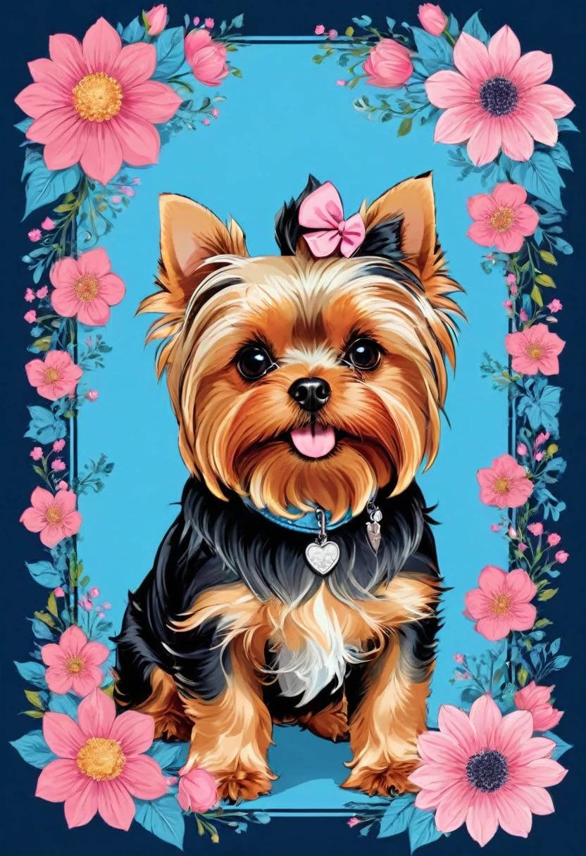 A t-shirt with vector art of a colorful illustration, dois dogs Yorkshire Terrier, pink flowers, At the center, high détail, blue background, t-shirt designs
(artwork, best quality, proffesional, perfect composition, very aesthetic, absurdrez, super verbose, Intricate details:1.3)