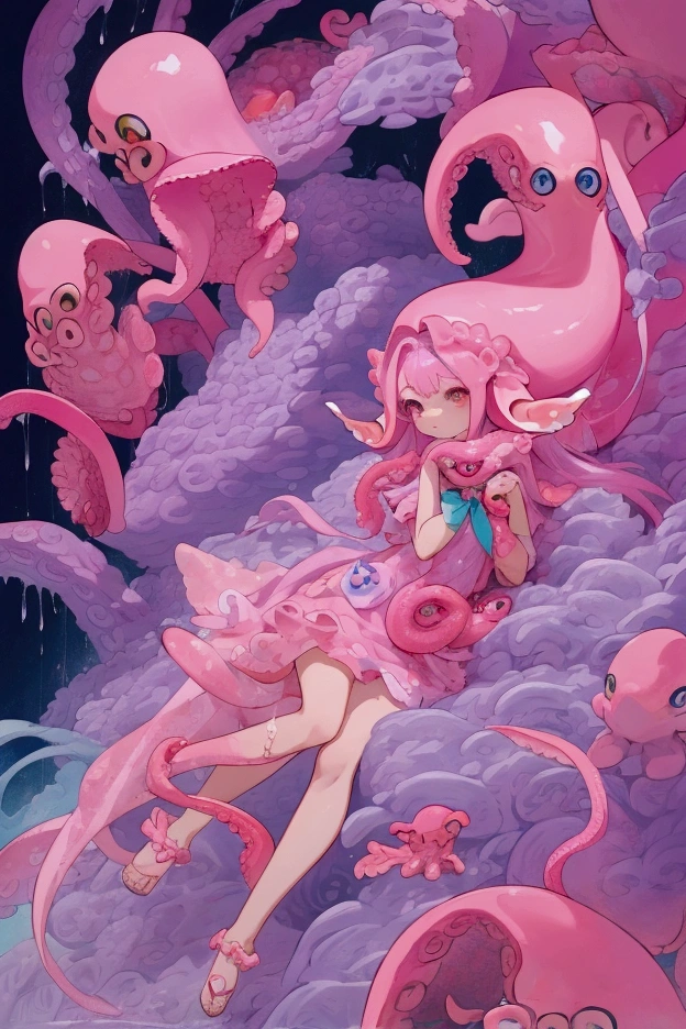 anime girl with pink hair and a purple dress holding a pink octopus, Fine details. anime. Tentacles, some Tentacles are touching her, Tentacles around, covered with Tentacles, Humanoid pink female squid girl, splash art anime , digital art on Pixiv, Pixiv, From the Azur Lane video game, anime fantasy illustration