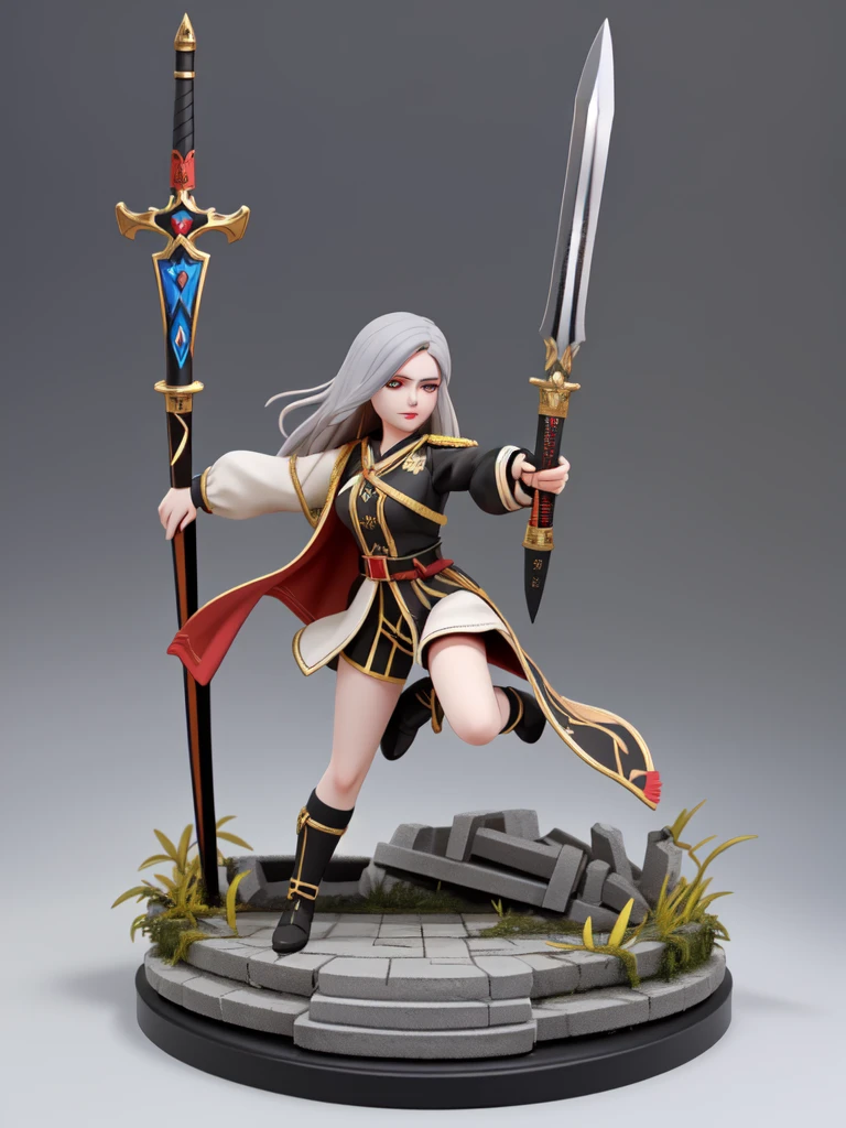 Tabletop Figures, Miniature, The face is precise(((must))), A Russian girl in her early 20s with ash grey hair, Fully equipped with jet black, state-of-the-art protectors, A brave pose brandishing a beautifully decorated long sword, The background is a diorama of ruins.