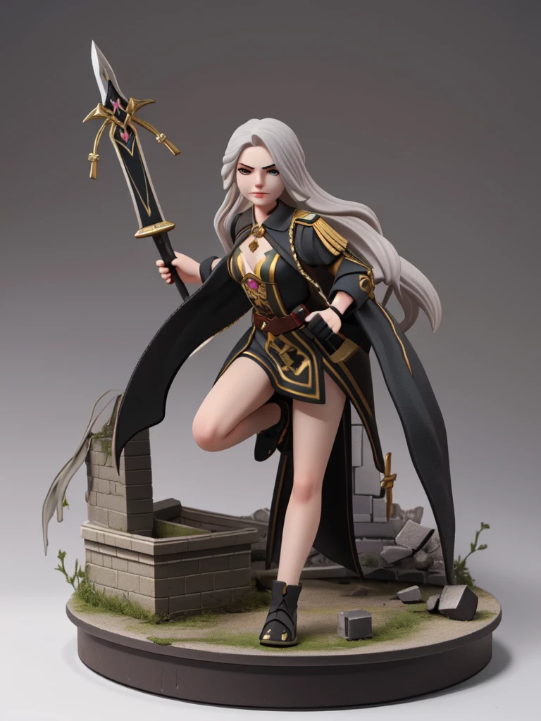 Tabletop Figures, Miniature, The face is precise(((must))), A Russian girl in her early 20s with ash grey hair, Fully equipped with jet black, state-of-the-art protectors, A brave pose brandishing a beautifully decorated long sword, The background is a diorama of ruins.