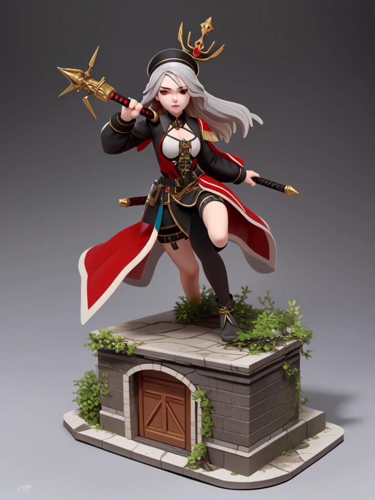 Tabletop Figures, Miniature, The face is precise(((must))), A Russian girl in her early 20s with ash grey hair, Fully equipped with jet black, state-of-the-art protectors, A brave pose brandishing a beautifully decorated long sword, The background is a diorama of ruins.