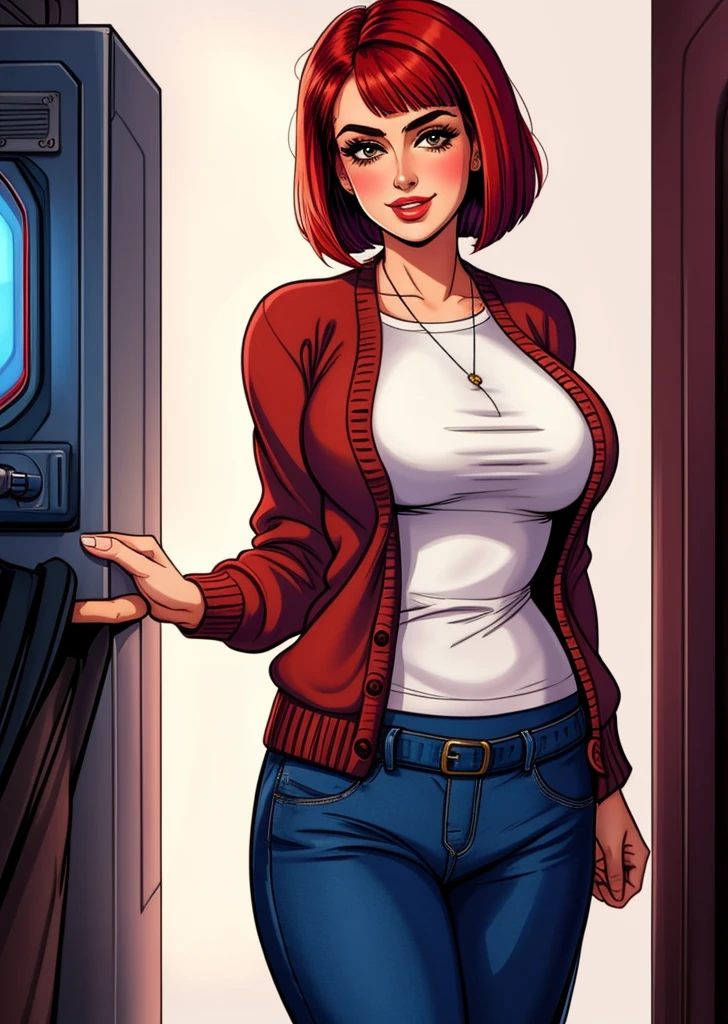 pretty woman, (1girl:1.3),
Cardigan,
Red hair,
Lob (long bob),
Trousers,
rubenesque, pinup,
cowboy shot, standing , in a retro-futuristic setting, atompunk style,
white background, blank background