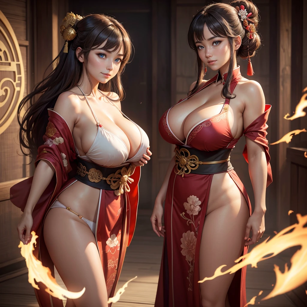Highly detailed CG unit 8K wallpaper, masterpiece, High resolution, highest quality, highest quality real texture skin, Super Real, Digital Painting, Best image quality, 最High resolution, 8K, (((1 girl))), Very beautiful ager, ((Highly detailed eyes and face)), Beautiful eyes in every detail, Full Body Shot, beautiful kimonos, Red kimono, Japanese dress, Dazzling, chinese style embroidery, (disproportionate breasts:1.5, huge breasts, (sideboobs), sagging breasts:1.5, Cleavage:1.5, gigantic breasts, )curvy, erect nipple, ((tanned skin)), smile, grin, Strong winds, typhoon, light brown hair,