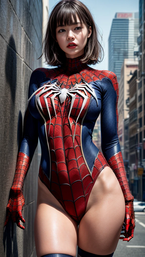 Browsing Caution:1.4、((Cowboy Shot))、Mature Woman、(masterpiece, Highest quality), Intricate details, 8K, 1 Girl,((Blunt bangs))、Black Hair,((Spiderman Suit)),Skyscraper, city, building,street,((Delicate painting)),(Detailed RAW photos of girls),(Highest quality:1.6), (Ultra-high resolution:1.5), (Realistic:1.75), 8K resolution, Canon EOS R5, 50mm, Confused, Very detailed,Cinema Lighting、(((Super big breasts)))、Spread your legs、The abdomen is visible、((another々Suit))、Spider knee-high socks、Sexy pose、spiderman bikini、(((A torn and tattered suit:1.1)))、((After the battle))