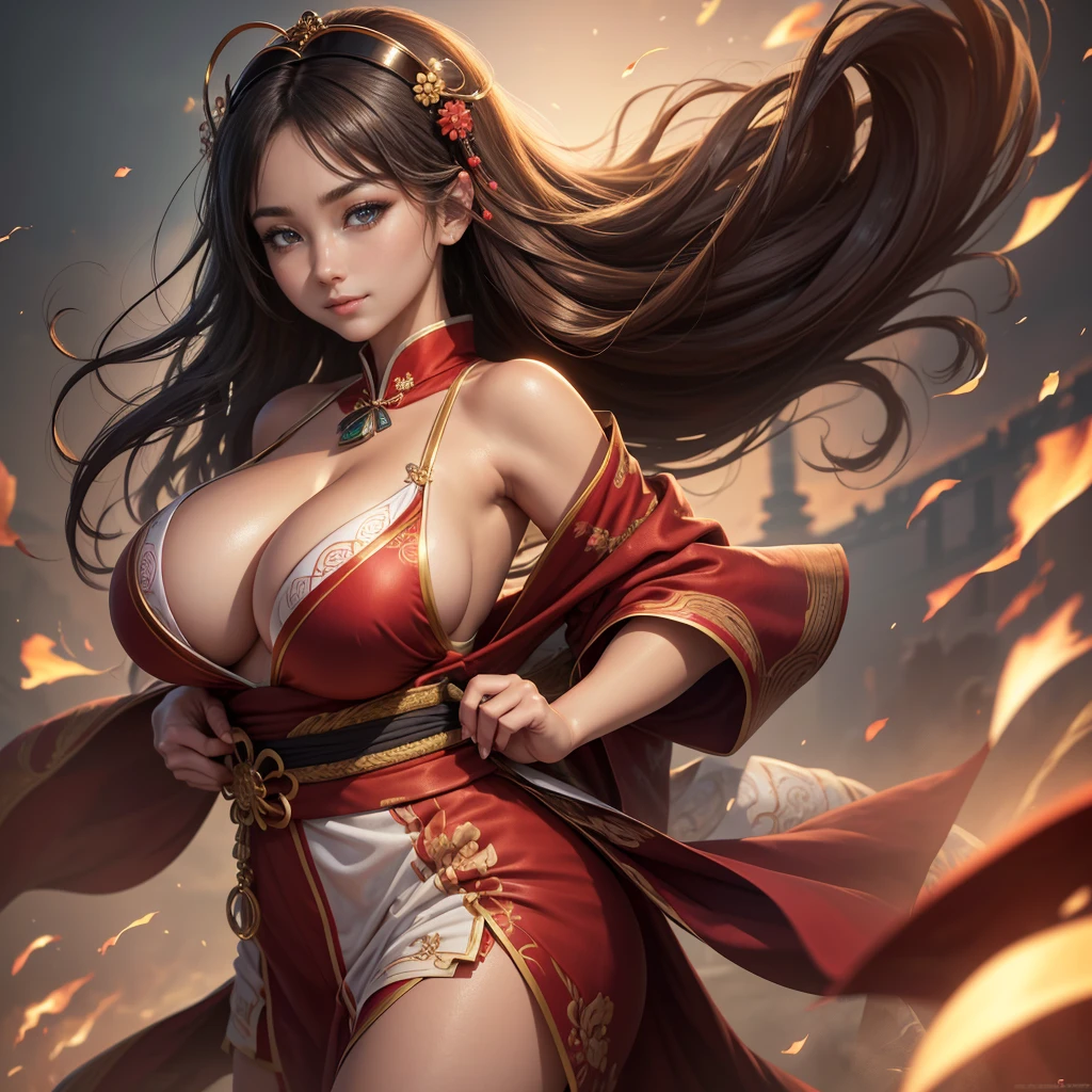 Highly detailed CG unit 8K wallpaper, masterpiece, High resolution, highest quality, highest quality real texture skin, Super Real, Digital Painting, Best image quality, 最High resolution, 8K, (((1 girl))), Very beautiful teenager, ((Highly detailed eyes and face)), Beautiful eyes in every detail, Full Body Shot, beautiful kimonos, Red kimono, Japanese dress, Dazzling, chinese style embroidery, (disproportionate breasts:1.5, huge breasts, (sideboobs), sagging breasts:1.5, Cleavage:1.5, gigantic breasts, )curvy, erect nipple, ((tanned skin)), smile, grin, Strong winds, typhoon, light brown hair,
