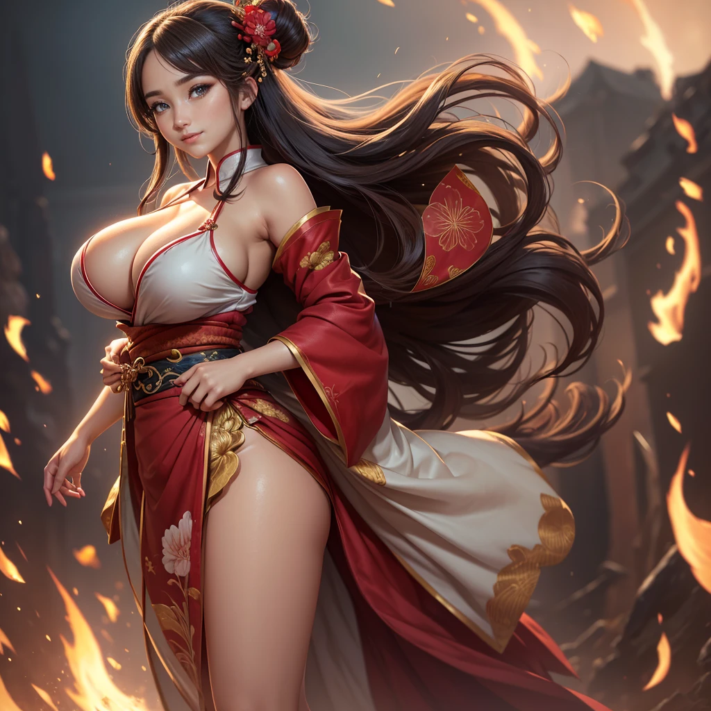 Highly detailed CG unit 8K wallpaper, masterpiece, High resolution, highest quality, highest quality real texture skin, Super Real, Digital Painting, Best image quality, 最High resolution, 8K, (((1 girl))), Very beautiful teenager, ((Highly detailed eyes and face)), Beautiful eyes in every detail, Full Body Shot, beautiful kimonos, Red kimono, Japanese dress, Dazzling, chinese style embroidery, (disproportionate breasts:1.5, huge breasts, (sideboobs), sagging breasts:1.5, Cleavage:1.5, gigantic breasts, )curvy, erect nipple, ((tanned skin)), smile, grin, Strong winds, typhoon, light brown hair,