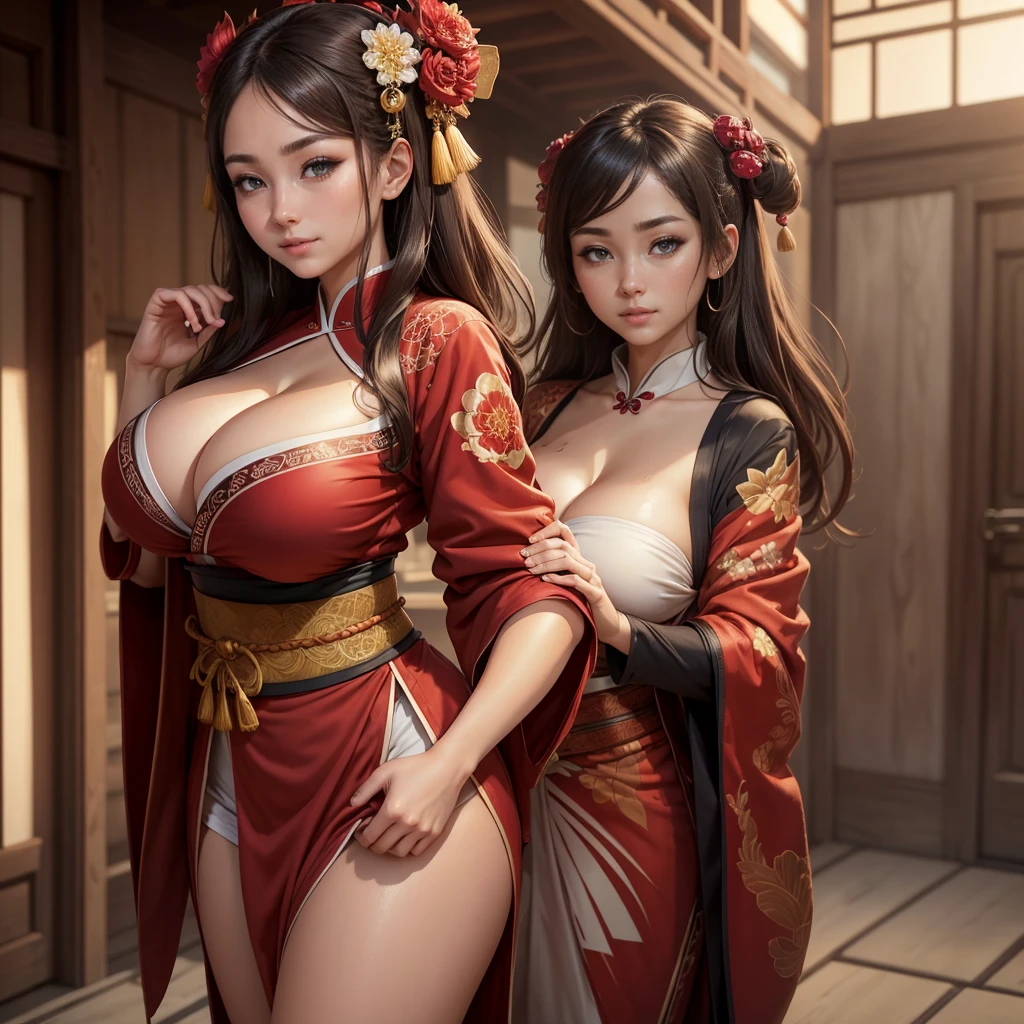 Highly detailed CG unit 8K wallpaper, masterpiece, High resolution, highest quality, highest quality real texture skin, Super Real, Digital Painting, Best image quality, 最High resolution, 8K, (((1 girl))), Very beautiful teenager, ((Highly detailed eyes and face)), Beautiful eyes in every detail, Full Body Shot, beautiful kimonos, Red kimono, Japanese dress, Dazzling, chinese style embroidery, (disproportionate breasts:1.5, huge breasts, (sideboobs), sagging breasts:1.5, Cleavage:1.5, gigantic breasts, )curvy, erect nipple, ((tanned skin)), smile, grin, Strong winds, typhoon, light brown hair,