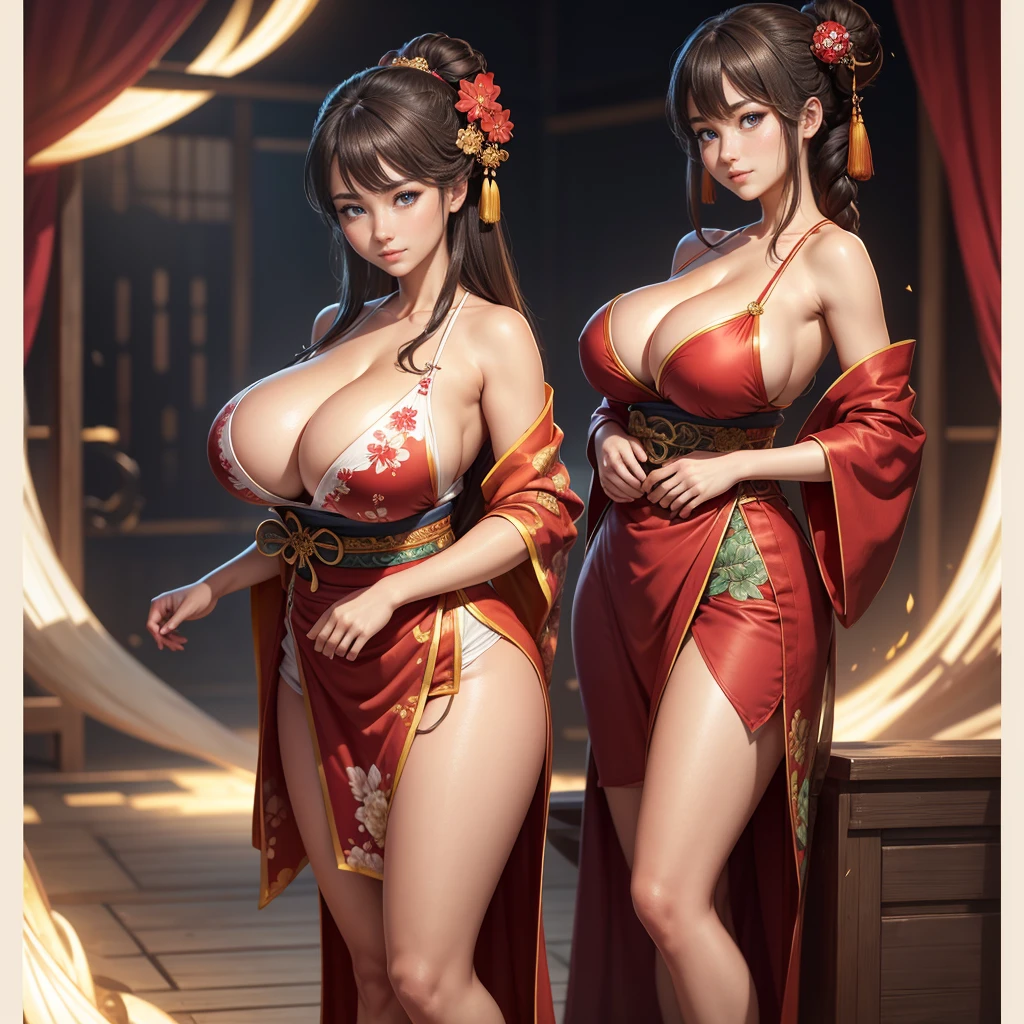 Highly detailed CG unit 8K wallpaper, masterpiece, High resolution, highest quality, highest quality real texture skin, Super Real, Digital Painting, Best image quality, 最High resolution, 8K, (((1 girl))), Very beautiful ager, ((Highly detailed eyes and face)), Beautiful eyes in every detail, Full Body Shot, beautiful kimonos, Red kimono, Japanese dress, Dazzling, chinese style embroidery, (disproportionate breasts:1.5, huge breasts, (sideboobs), sagging breasts:1.5, Cleavage:1.5, gigantic breasts, )curvy, erect nipple, ((tanned skin)), smile, grin, Strong winds, typhoon, light brown hair,