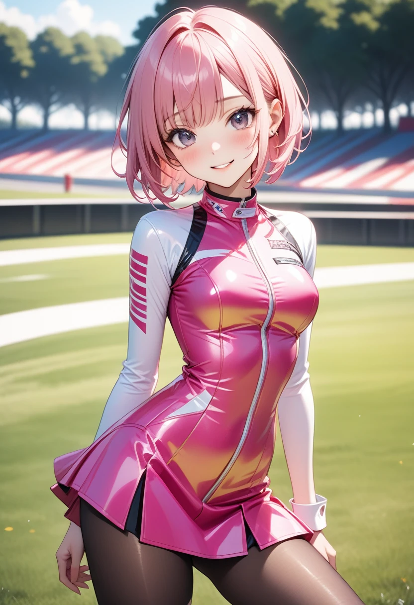 Vivid Color, ((race queen)), ((skirt)), luster Outfit, (Black pantyhose), (latex high heel boots), skindentation, skinny, solo, 1 woman, Masterpiece, highest quality, highest quality, 16K, incredibly absurd, highly detailed, 2.5D, ai-generated, delicate and dynamic, very delicate facial expressions, delicate eye depiction, erotic, only sexy woman, ((A cute and kind face)), healthy figure, ((25-year-old woman)), 160cm tall, medium firm swaying bust, (short hair), (pink hair:1.5), bob cut, black eye, blush, Sweat,Embarrassed,sexy, ((thin thighs)), (camel toe:0.8), (Erect nipples:0.9), (visible nipples:0.5), ((shiny and lustrous)), facing straight at viewer, smile, (standing), cowboy shot, ((arm at side)), Large park, daytime, bright, on the grass,