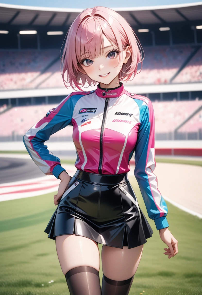 Vivid Color, ((race queen)), ((skirt)), luster Outfit, (Black pantyhose), (latex high heel boots), skindentation, skinny, solo, 1 woman, Masterpiece, highest quality, highest quality, 16K, incredibly absurd, highly detailed, 2.5D, ai-generated, delicate and dynamic, very delicate facial expressions, delicate eye depiction, erotic, only sexy woman, ((A cute and kind face)), healthy figure, ((25-year-old woman)), 160cm tall, medium firm swaying bust, (short hair), (pink hair:1.5), bob cut, black eye, blush, Sweat,Embarrassed,sexy, ((thin thighs)), (camel toe:0.8), (Erect nipples:0.9), (visible nipples:0.5), ((shiny and lustrous)), facing straight at viewer, smile, (standing), cowboy shot, ((arm at side)), Large park, daytime, bright, on the grass,