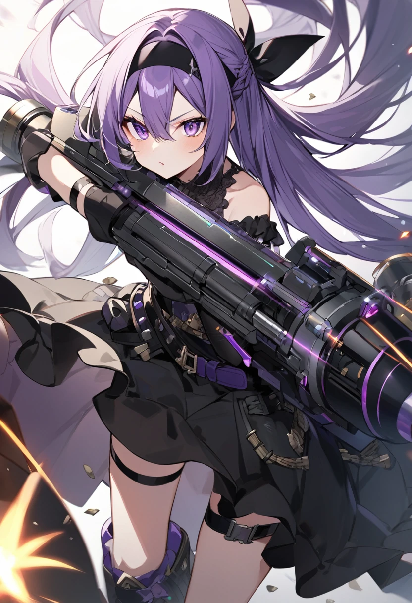 Keito。purple eye。purple Hair。gatling laser gun。black headband。long hair。wearing black dress。princess。ammo belt。