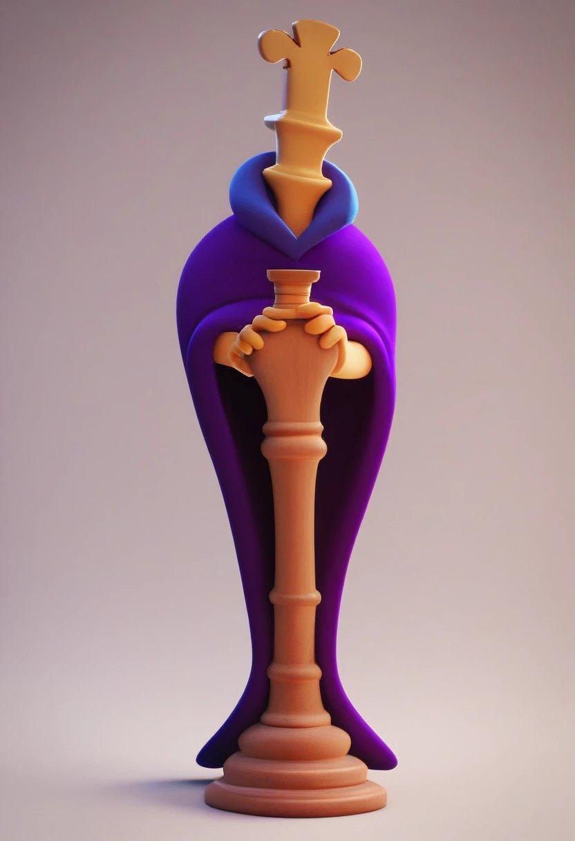 kinger, 1boy, solo, alder wood-colored king chess piece character, violet royal cloak with white fuzzy lining spotted with black, cartoonish white-gloved hands detached from body, large asymmetrical eyes, full body, source, no humans, blue eyes, 3d, source_cartoon, sleeveless, eyeballs, no mouth