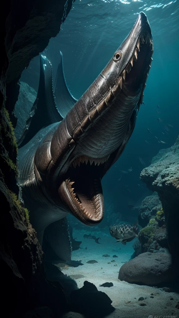 Giant Gulper Eel: A colossal Gulper Eel with its mouth wide open in a dark underwater cave, revealing sharp teeth and a whole fish bigger than its head about to be swallowed. Dramatic lighting highlights the texture of the scaly skin and the details of the creature. (Realistic style, high resolution)