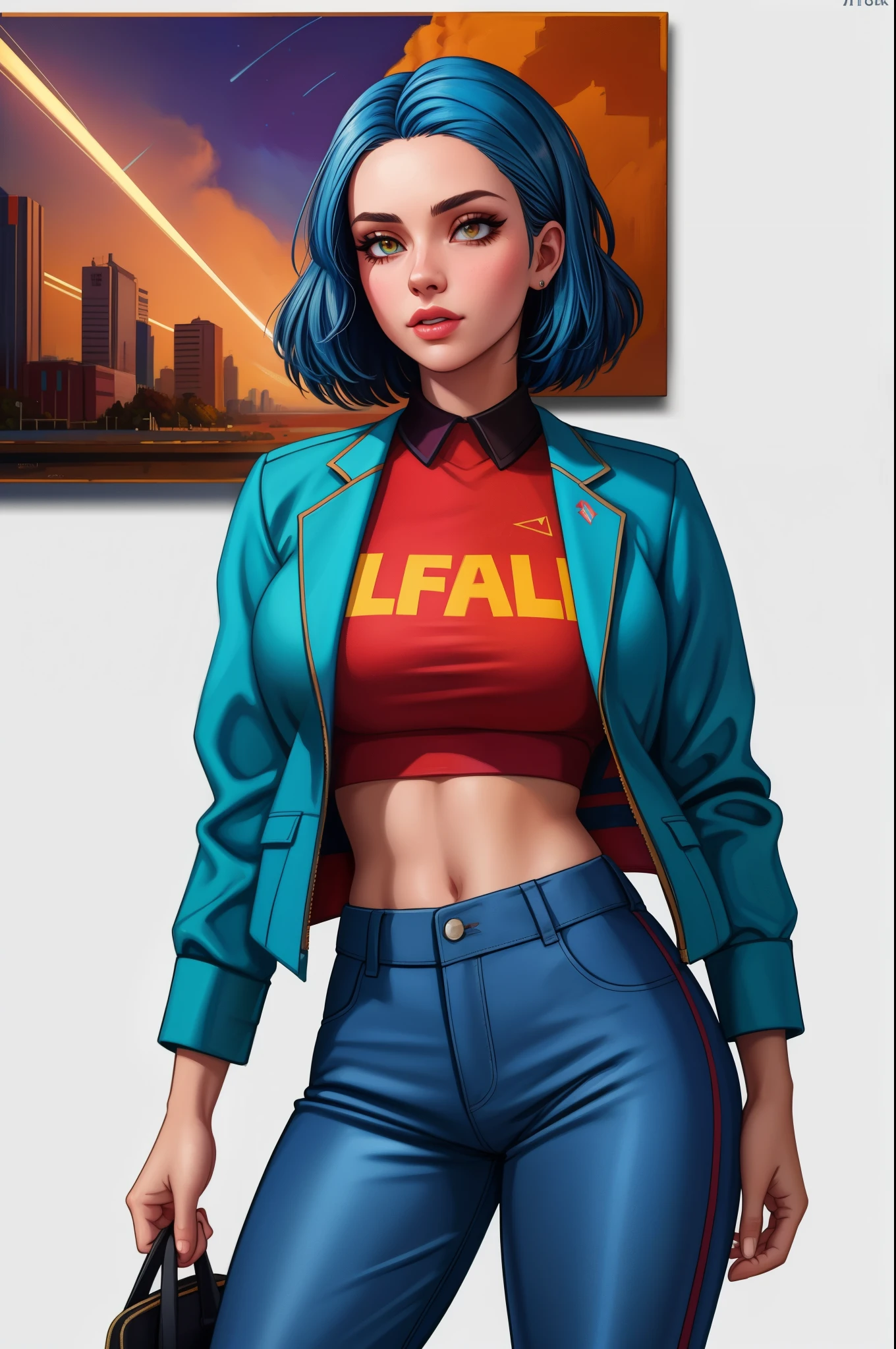 pretty woman, (1girl:1.3),

Cropped Blazer,
Blue hair,
Layered haircut,
Flared pants,
rubenesque, pinup,
cowboy shot, standing , in a retro-futuristic setting, atompunk style,

white background, blank background,, (Extremely Detailed Oil Painting:1.2), glow effects, godrays, Hand drawn, render, 8k, octane render, cinema 4d, blender, dark, atmospheric 4k ultra detailed, cinematic sensual, Sharp focus, humorous illustration, big depth of field, Masterpiece, colors, 3d octane render, 4k, concept art, trending on artstation, hyperrealistic, Vivid colors, extremely detailed CG unity 8k wallpaper, trending on ArtStation, trending on CGSociety, Intricate, High Detail, dramatic, absurdes