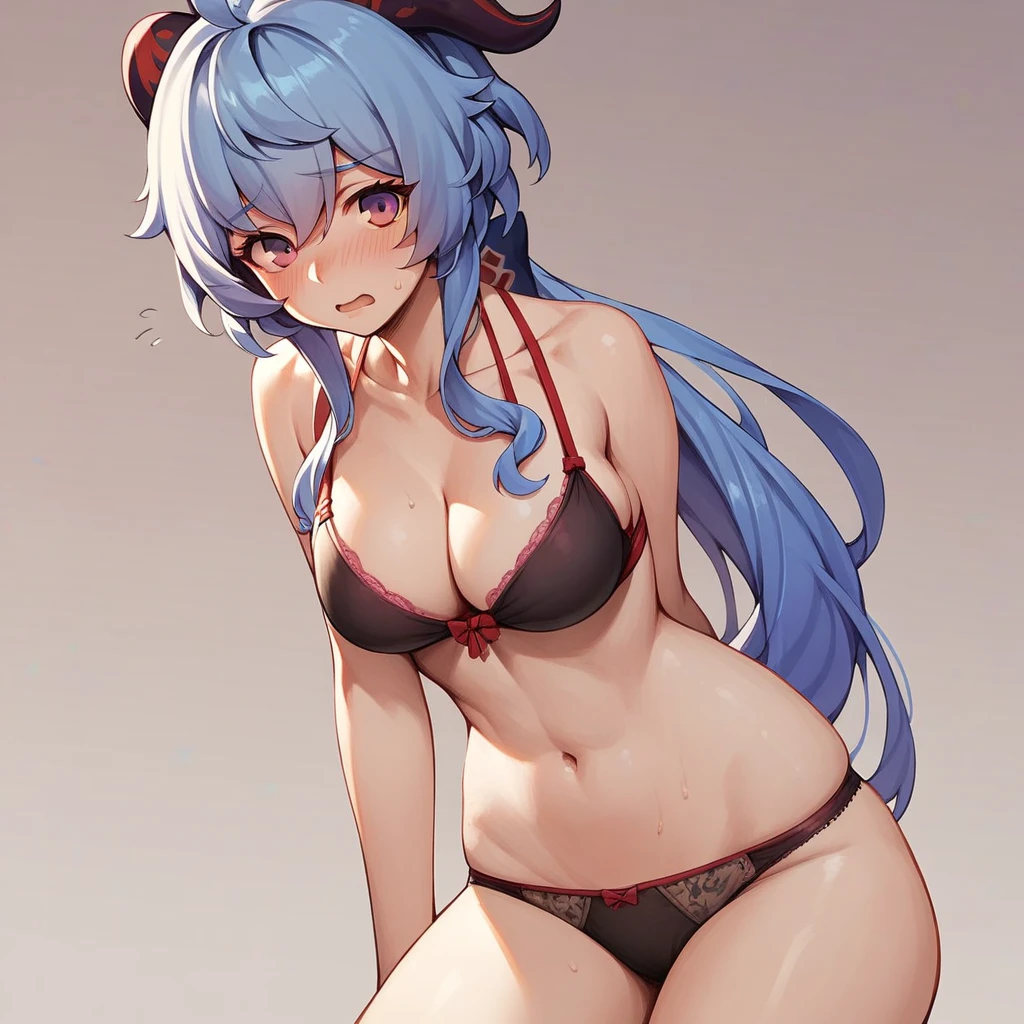 1girl, Ganyu , underwear , embarassed , pushing her chest towards the viewer , looking at the viewer