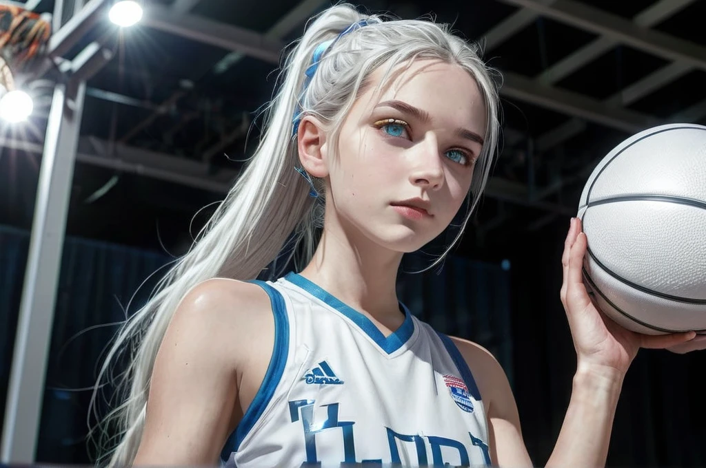 Female teenager with white hair up, light blue eyes and white skin wearing a black basketball uniform