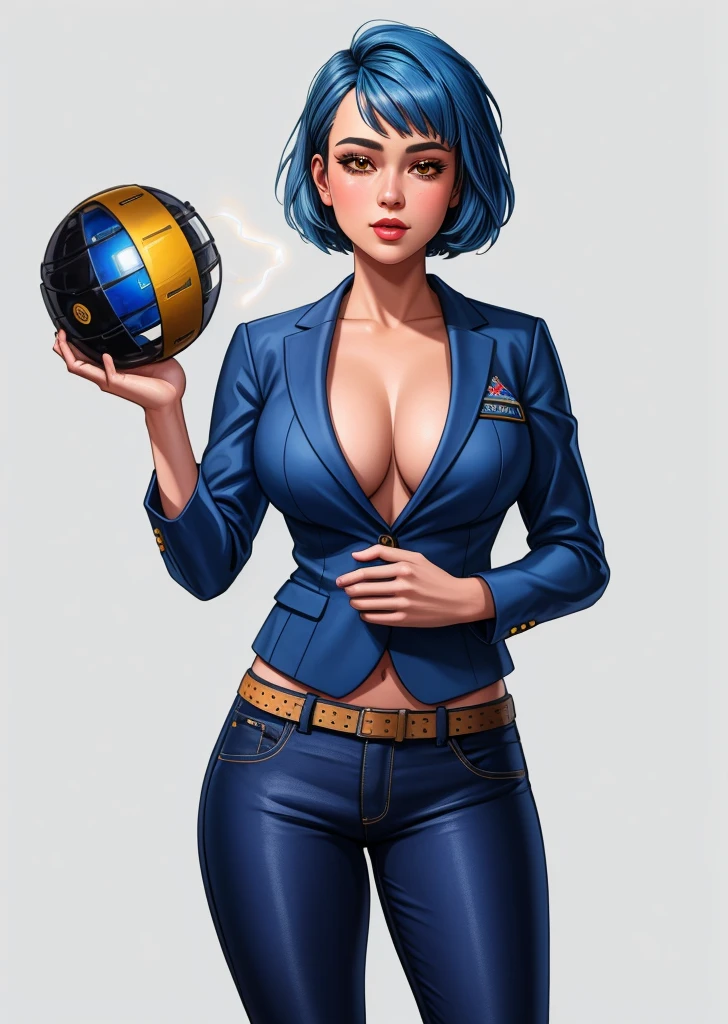 Cropped Blazer,
Blue hair,
Layered haircut,
Flared pants,
rubenesque, pinup,
cowboy shot, standing , in a retro-futuristic setting, atompunk style, golden orb,

white background, blank background,, (Extremely Detailed Oil Painting:1.2), glow effects, godrays, Hand drawn, render, 8k, octane render, cinema 4d, blender, dark, atmospheric 4k ultra detailed, cinematic sensual, Sharp focus, humorous illustration, big depth of field, Masterpiece, colors, 3d octane render, 4k, concept art, trending on artstation, hyperrealistic, Vivid colors, extremely detailed CG unity 8k wallpaper, trending on ArtStation, trending on CGSociety, Intricate, High Detail, dramatic, absurdes