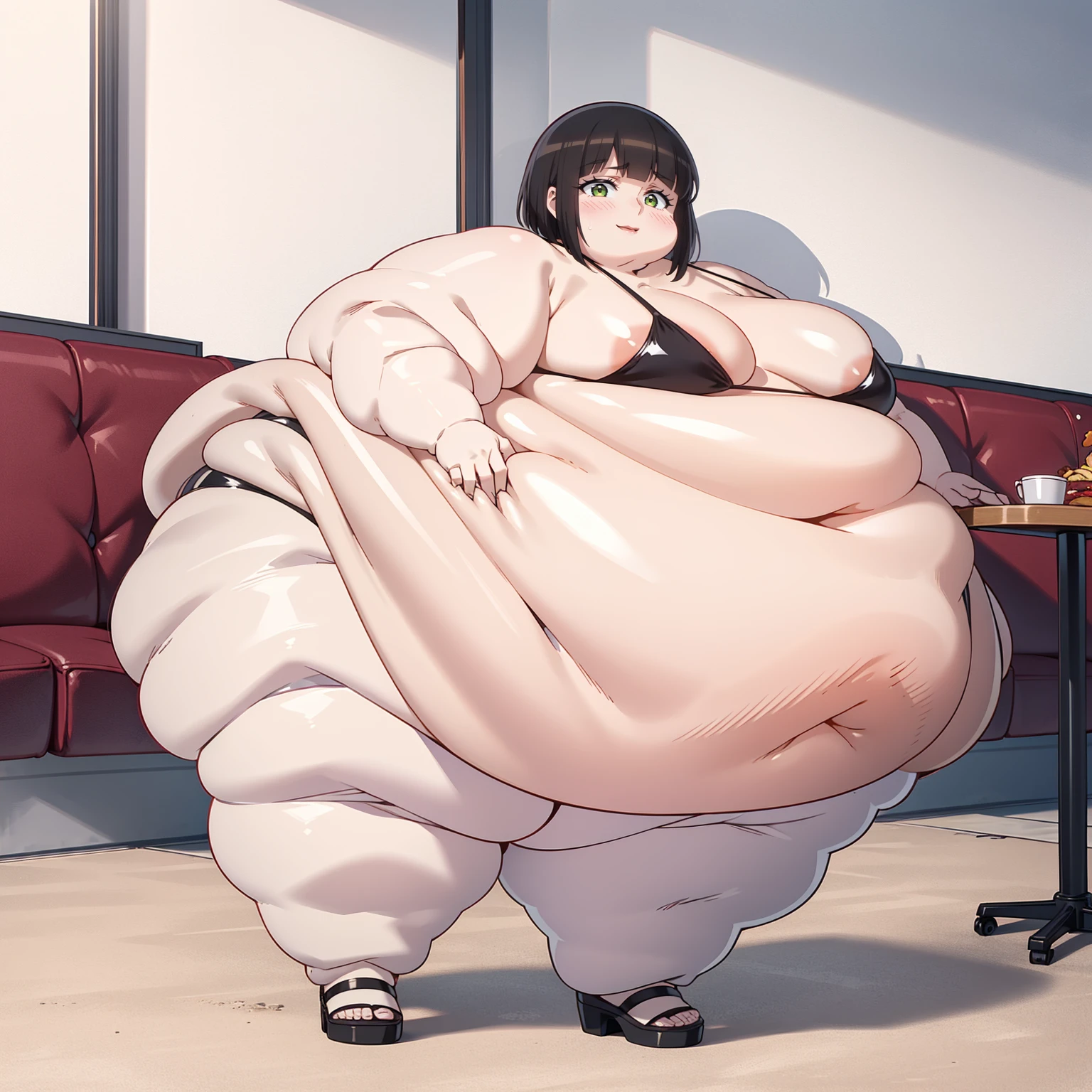 1 girl in, baby, , blushing, short hair, short black hair, black bikini, in a restaurant, SMILE, gordo, very fat, Morbid obesity, extreme extreme obesity, immonile obese, obese, Extreme fat mass, cara obese, muslos very fats, swollen fat legs, detailed perfect hands, big fat belly very swollen, obese weight, still weight, ssbbw, ssbbw, motionless fat woman, obese weight, still weight, WeightChubby, PesoObeso, WeightImmobile,