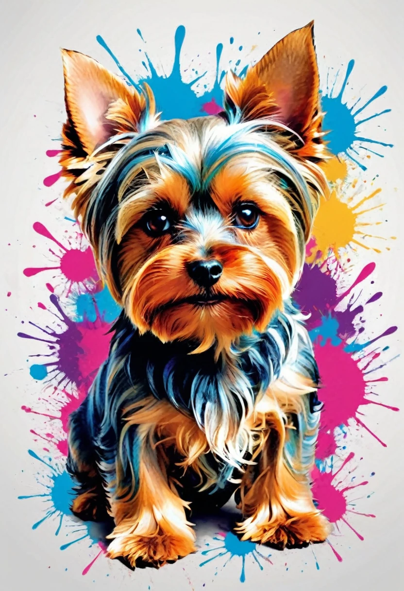 A t-shirt featuring vector art of a colorful illustration of a Yorkshire terrier, At the center, swirly vibrant colors, paint splashes and smears, high détail, t-shirt designs
(artwork, best quality, proffesional, perfect composition, very aesthetic, absurdrez, super verbose, Intricate details:1.3)