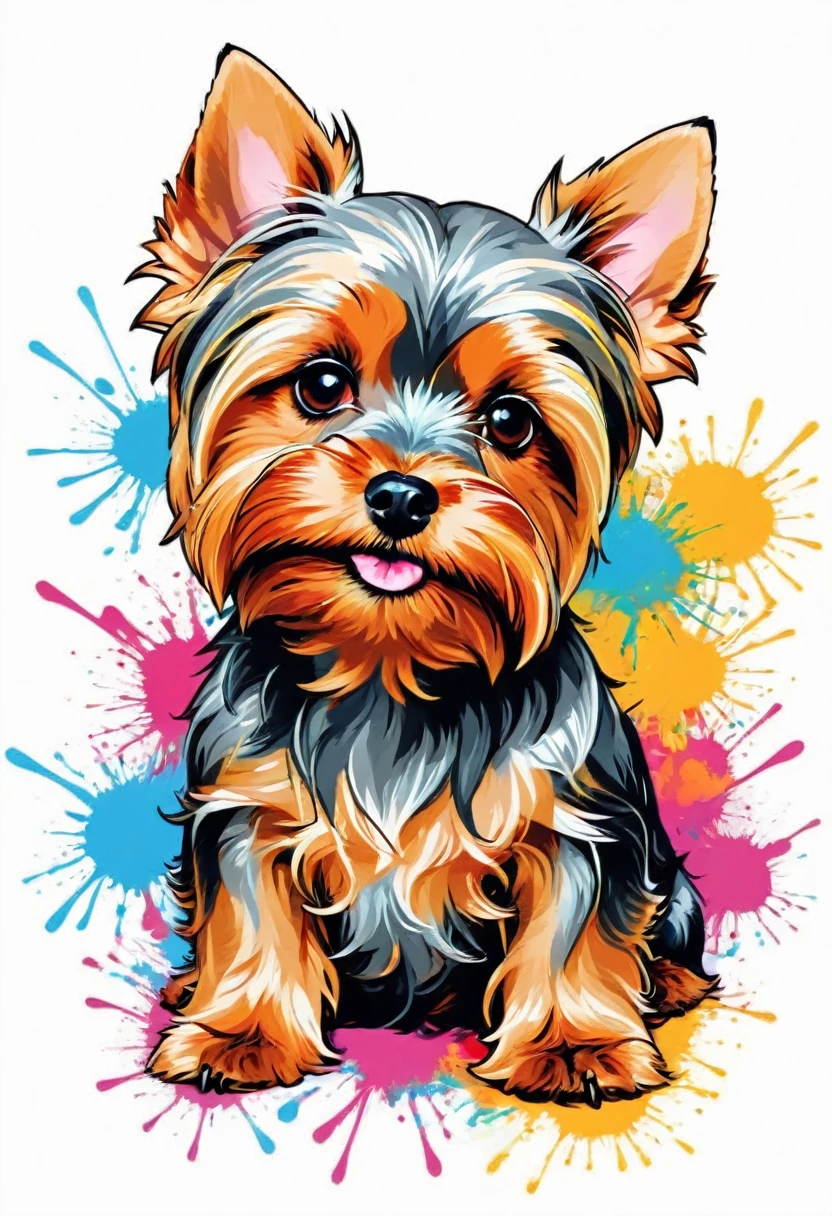 A t-shirt featuring vector art of a colorful illustration of a Yorkshire terrier, At the center, swirly vibrant colors, paint splashes and smears, high détail, t-shirt designs
(artwork, best quality, proffesional, perfect composition, very aesthetic, absurdrez, super verbose, Intricate details:1.3)