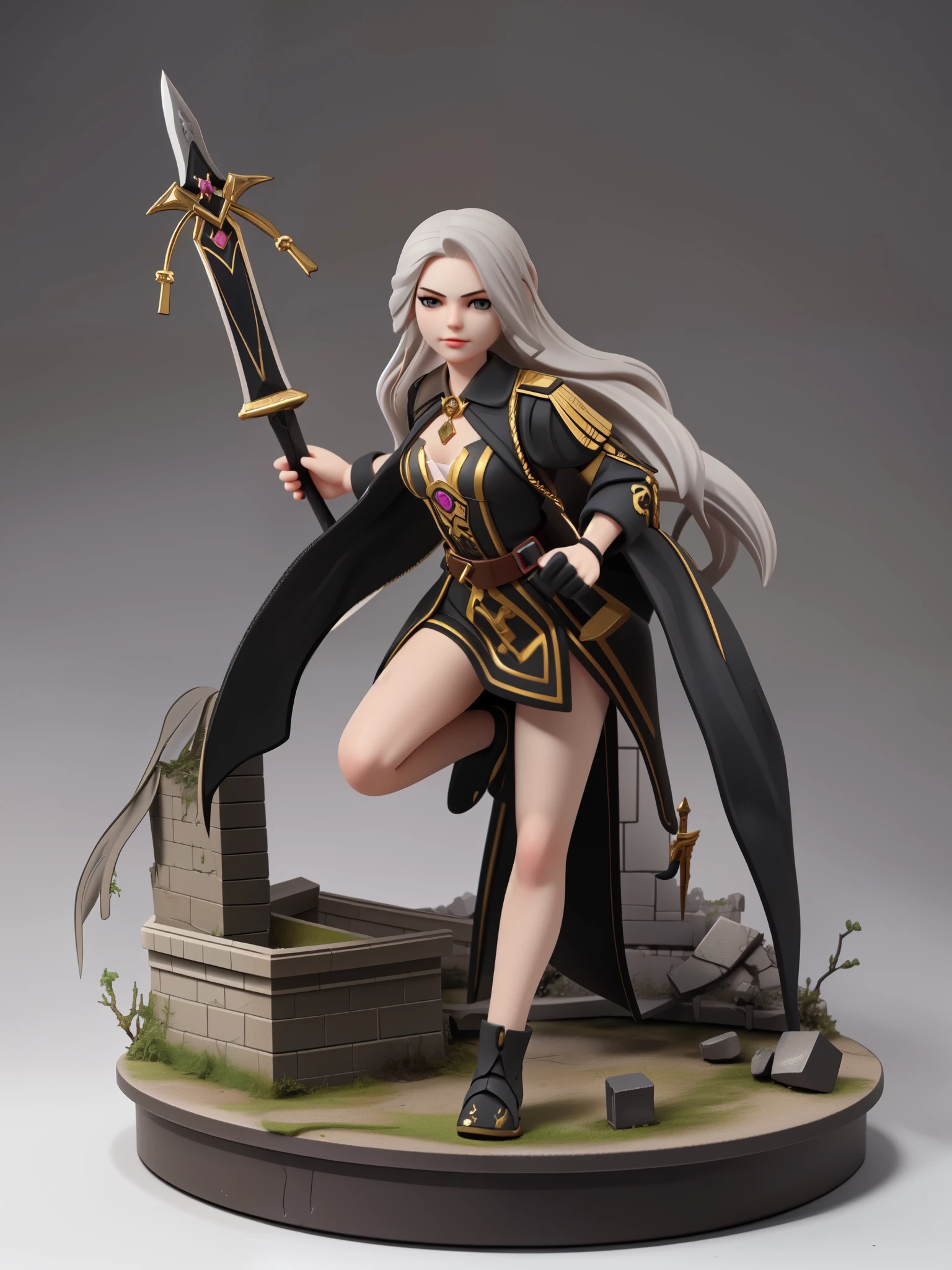 Tabletop Figures, Miniature, The face is precise(((must))), A Russian girl in her early 20s with ash grey hair, Fully equipped with jet black, state-of-the-art protectors, A brave pose brandishing a beautifully decorated long sword, The background is a diorama of ruins.