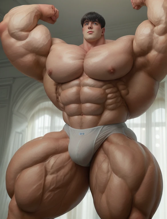 1 man, bertolt hoover, giant, giant bodybuilder, stand, illuminating light, strong body, bulk, large size, staring, armpit, in the white photo studio room, nude, white triangular underwear, prominent bulge, extraordinary big, brutalmass, giant, muscular body, bulk, buff, massive body, large meaty body size, extremely wide body, realisian