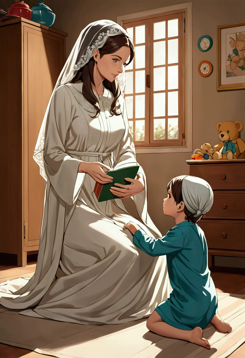 First shot: The mother is in the kitchen preparing food, wearing a simple abaya and veil, and at the same time looking from time to time at her child who is playing in the adjacent living room.
Mother (in a slightly raised voice): “How are you, little one? Do you need anything?”
Second shot: The father is sitting in the living room with their child, wearing a white dress, reading a book while the draws next to him.
Father (looking at the drawing): “This is great! Can I help you color it?”
Third shot: In the bedroom, the mother is making the child's bed and checking the toys to make sure there are no small things that the could swallow. She is wearing a long robe.
Mother (thinking out loud): “I have to put these little toys in a safe place.”