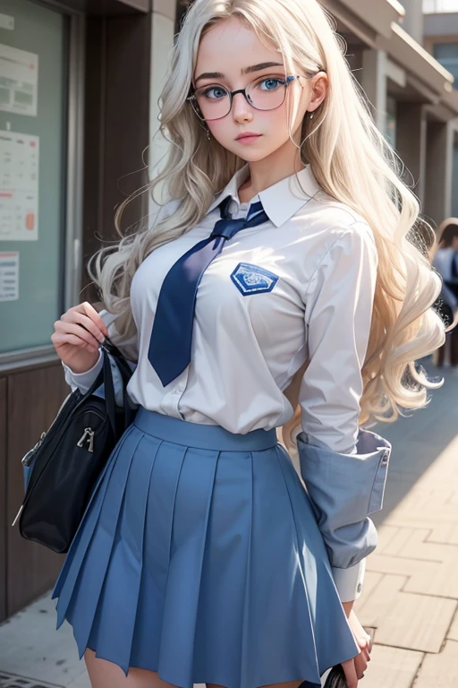 ager with wavy hair, white with blue eyes, attractive girl with glasses in skirt uniform and blue long sleeve shirt at school 