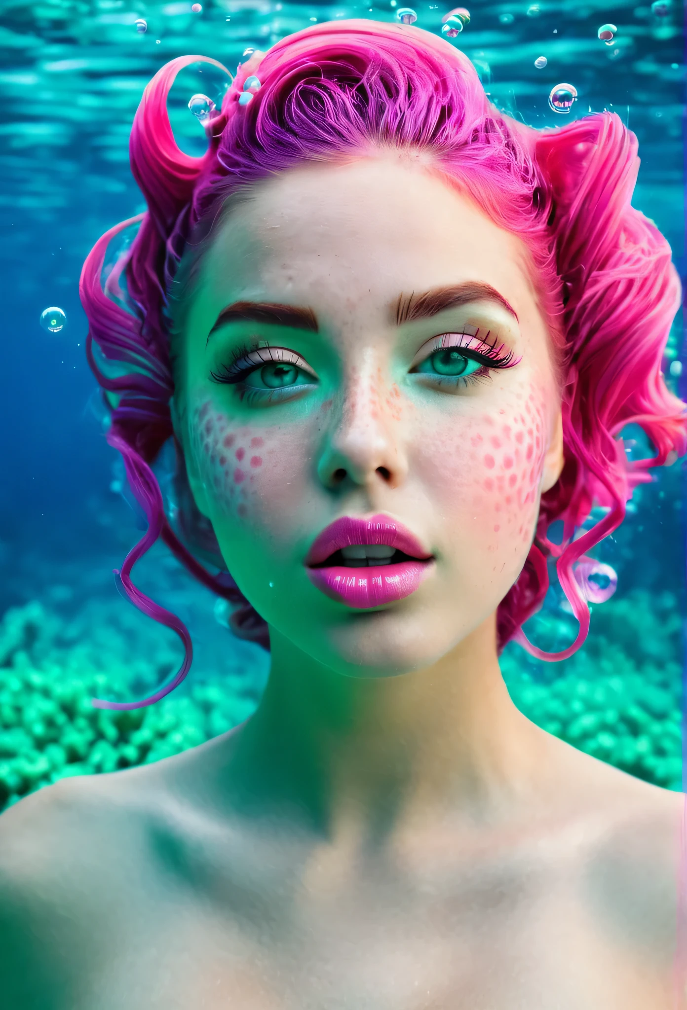Portrait of an extravagant and colorful woman who resembles a mermaid. perfectbody, curvaturas sexy . clean skin, with pink freckles and pink mouth young resources, wide open eyes and cheeks. vibrant view, Gravity-defying hair in shades of pink and turquoise . Your hair blends in among the corals and marine animals, creating an underwater illusion. Small bubbles floating around the head add to the underwater theme. General Effect: Sensual otherworldly underwater creature in silent contemplation.