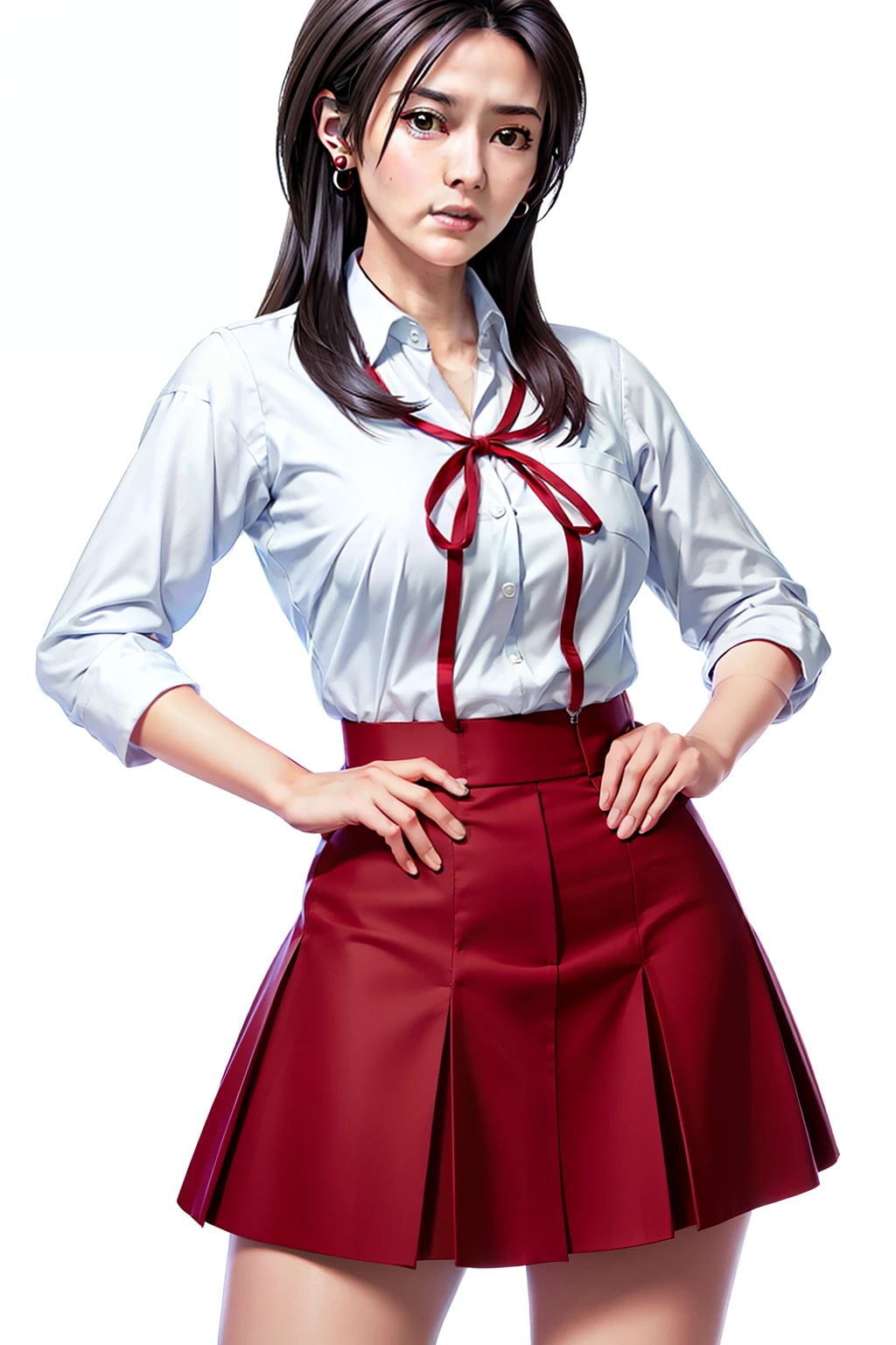 ember eyes, tall, hands on crotch, look up at the viewer,a full-body shot, long legs, largr breast,earrings,mini skirt,masterpiece, best quality, long hair, standing,Simple White Background, mio serizawa, long sleeves,red ribbon,white shirt, vest, beauty face