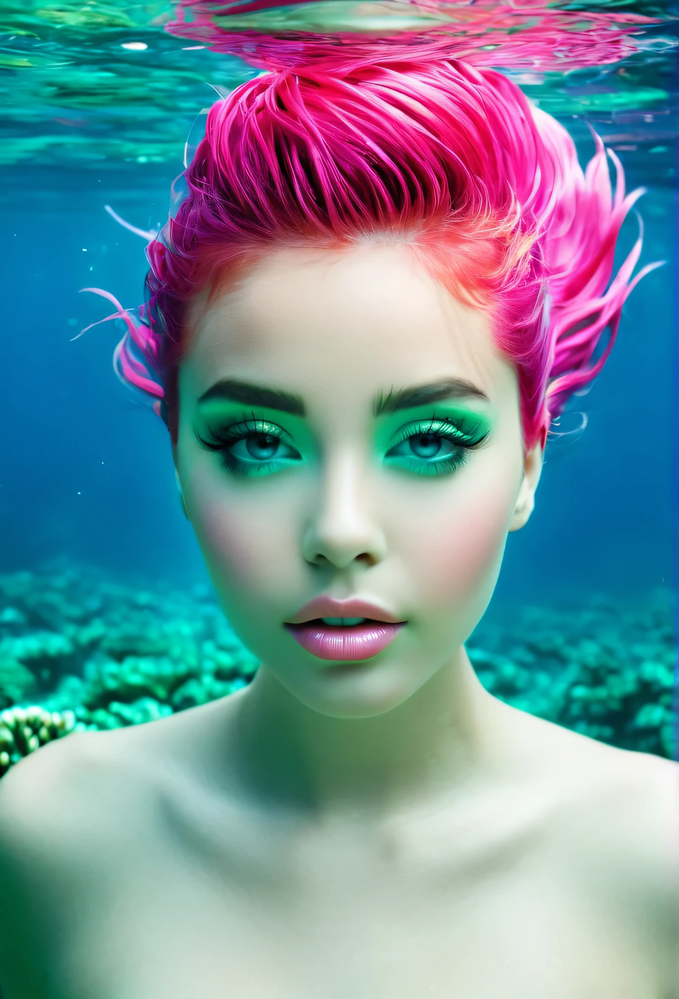 
Portrait of an extravagant and colorful woman who resembles a mermaid. perfectbody, curvaturas sexy . clean skin, Youth Resources, wide open eyes and cheeks. vibrant view, Gravity-defying hair in shades of pink and turquoise . Your hair blends in among the corals and marine animals, creating an underwater illusion. Small bubbles floating around the head add to the underwater theme. General Effect: Sensual otherworldly underwater creature in silent contemplation.
