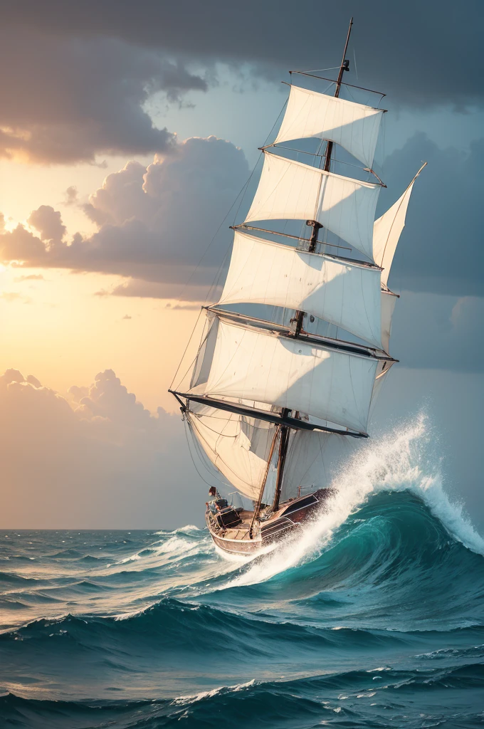 boat in rough sea with rays rain in hand drawn anime