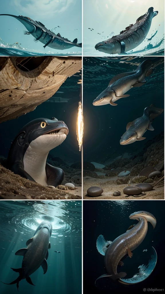 Gulper Eel Life Cycle: A sequence of images showing the life cycle of the Gulper Eel, from egg to adulthood. The scene includes bioluminescent eggs, fry swimming in schools, and the maturity of the creature hunting in its natural habitat. (Watercolor style, high resolution)