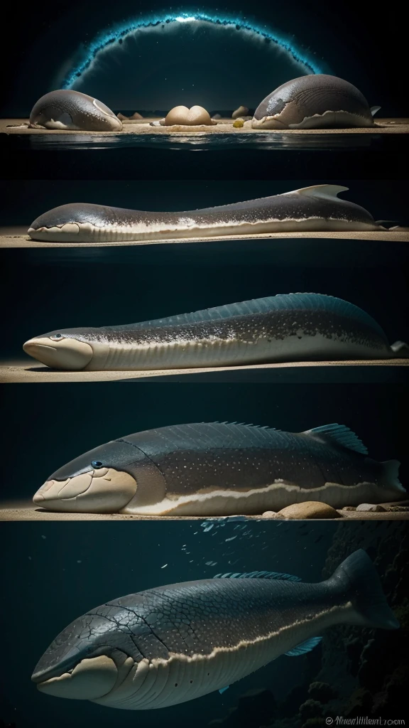 Gulper Eel Life Cycle: A sequence of images showing the life cycle of the Gulper Eel, from egg to adulthood. The scene includes bioluminescent eggs, fry swimming in schools, and the maturity of the creature hunting in its natural habitat. (Watercolor style, high resolution)