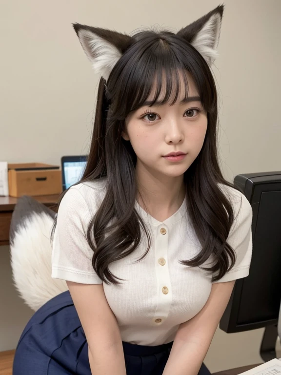 ((Highest quality)), ((masterpiece)), (Familiar), Perfect Face, fox lady, Pretty girl, Fox Ears, Fox tail, She has a northern fox tail, She wags her fluffy tail, She is a pretty office worker., Beautiful hip line, Thick thighs, One big tail, The tail sticks out from under the skirt, Nice body, Shamingly wagging his tail, Only one tail, a shy face, Climbing on all fours