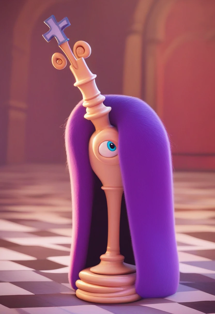 kinger, 1boy, solo, alder wood-colored king chess piece character, violet royal cloak with white fuzzy lining spotted with black, cartoonish white-gloved hands detached from body, large asymmetrical eyes, full body, source, no humans, blue eyes, 3d, source_cartoon, sleeveless, eyeballs, no mouth