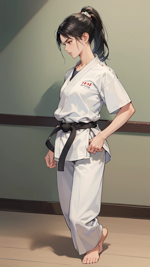 ((Highest quality)), ((masterpiece)), (detailed) Slender female karateka Mature Woman ((seiza)) Open chest Karate Dojo Black Hair ponytail ((White T-shirt underneath the karate uniform)) clavicle Black belt sit White pants,A loose, short-sleeved, plain white garment, Loose white short-sleeved karate uniform Décolletage Open chest karate gi